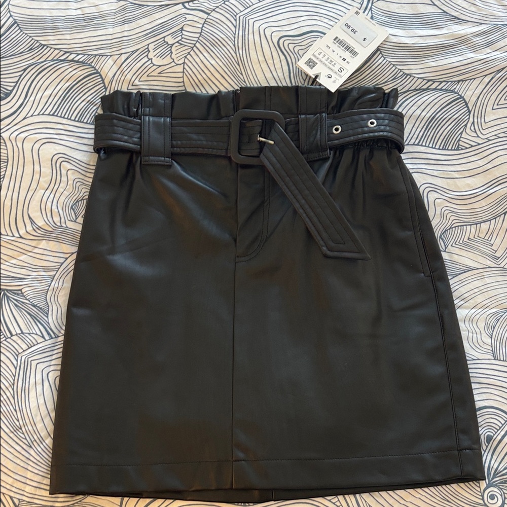 Zara Black Faux Leather Mini Skirt with Belt